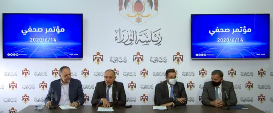   From left: Minister of Justice Bassam Talhouni, Minister of State for Media Affairs Amjad Adaileh, Minister of Finance Mohamad Al-Ississ and Minister of Health Saad Jaber hold a joint press conference at the Prime Ministry on Sunday in this image grab taken from Jordan TV (Photo courtesy of Prime Ministry Facebook page)