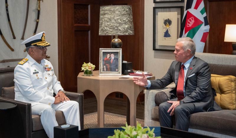 His Majesty King Abdullah receives on Tuesday Chief of the Naval Staff of the Pakistan Navy Admiral Naveed Ashraf at Al Husseiniya Palace (Photo courtesy of Royal Court)