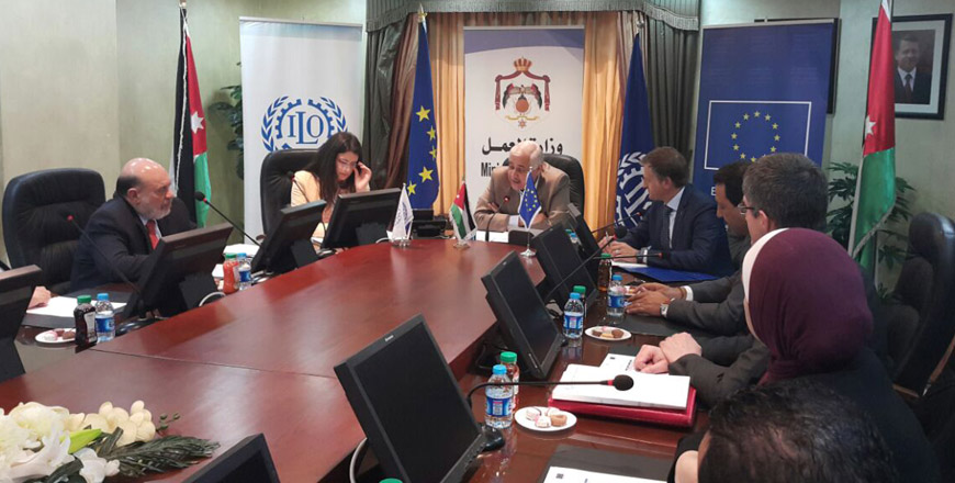 The Ministry of Labour, the EU and the International Labour Organisation sign a pilot project agreement in Amman on Wednesday  (Photo courtesy of the Labour Ministry)