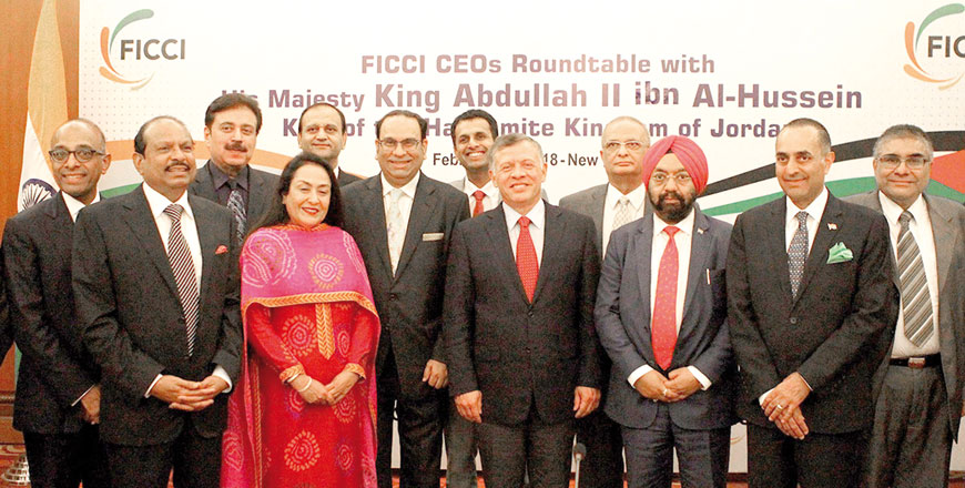 His Majesty King Abdullah meets with leading Indian Businessmen in India on Wednesday (Photo courtesy of  Royal Court)