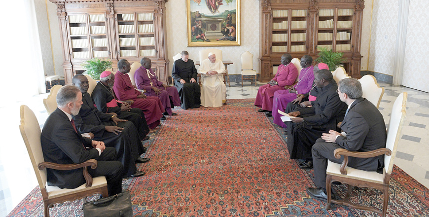 Pope Francis meets with representatives of the South Sudan Council of Churches during a private audience at the Vatican on Friday (Reuters photo)