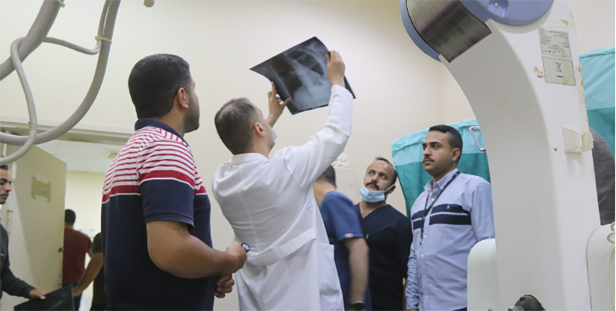 Newly deployed medical staff at the Jordanian field hospital in Gaza on Sunday receiving patients (Petra photo)