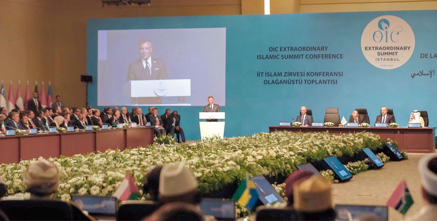 His Majesty King Abdullah addresses the Organisation for Islamic Cooperation meeting in Istanbul on Friday (Photo courtesy of Royal Court)