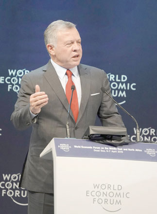His Majesty King Abdullah addresses the World Economic Forum on the Middle East and North Africa 2019, at the King Hussein Convention Centre at the Dead Sea, on Saturday (Reuters photo)
