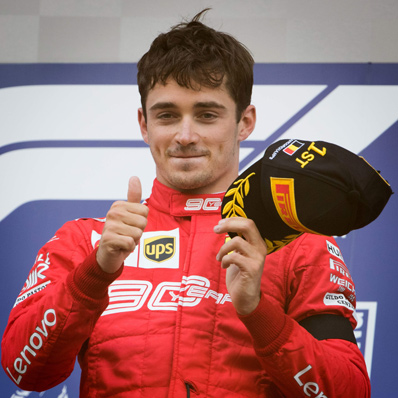 Winner Ferrari’s Monegasque driver Charles Leclerc celebrates on the podium after the Belgian Formula One Grand Prix at the Spa-Francorchamps circuit in Spa on Sunday (AFP photo by Benoit Doppagne)