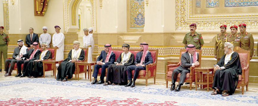 His Majesty King Abdullah, accompanied by HRH Crown Prince Hussein, extends condolences to Sultan Haitham Bin Tariq Bin Taimour Al Said of Oman, over the passing of Sultan Qaboos Bin Said in Muscat on Sunday (Photo courtesy of Royal Court)