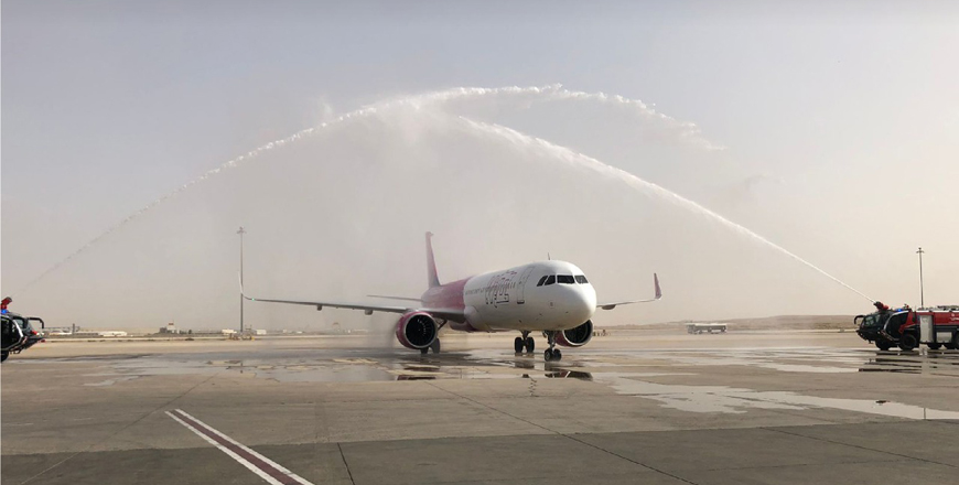An inaugural Wizz Air flight from Abu Dhabi gets a water salute as it lands at Queen Alia International Airport (Photo courtesy of AIG)