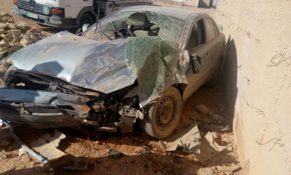A car that crashed in an accident in the Southern Badia on Saturday (Photo courtesy of Amen FM)