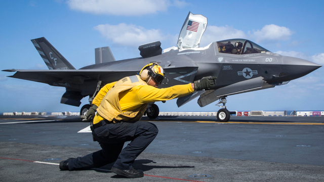 This file US navy photo shows a US navy aviation boatswains mate handler with the Essex Amphibious Ready Group launching an F-35B Lightning II from the Wasp-class amphibious assault ship USS Essex (LHD 2) on September 22 (AFP photo)