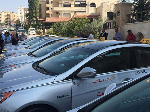 Taxis carrying posters promoting the September 20 elections are parked in Amman recently (Photo courtesy of Independent Election Commission)