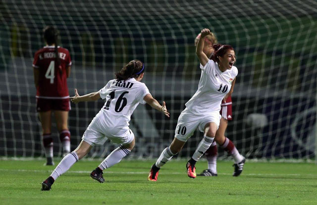 Sarah Abu Sabbah of Jordan starts to celebrate after scoring a goal during the FIFA U-17 Women’s World Cup Jordan 2016 Group A match between Jordan and Mexico at Al Hassan International Stadium in Irbid on October 3 (Photo courtesy of FIFA)