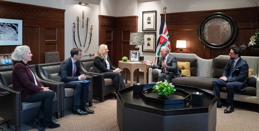 His Majesty King Abdullah, accompanied by HRH Crown Prince Hussein, receives on Sunday Chief Observer of the EU Election Observation Mission ŽeljanaZovko, and says Jordan is moving ahead with modernisation despite regional challenges (Photo courtesy of Royal Court)