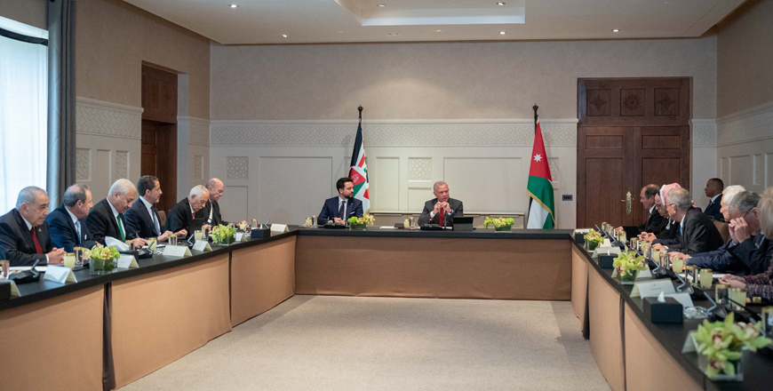 His Majesty King Abdullah discusses various local, regional, and international issues during a meeting with heads of the Senate’s permanent committees attended by HRH Crown Prince Hussein, at Al Husseiniya Palace (Photo courtesy of Royal Court)