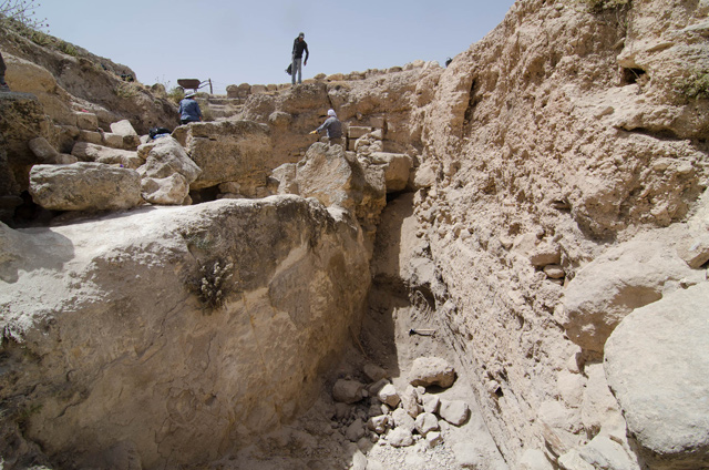 Plastered east balk of reservoir in Tell Hisban (Photo courtesy of Ivan LaBianca)