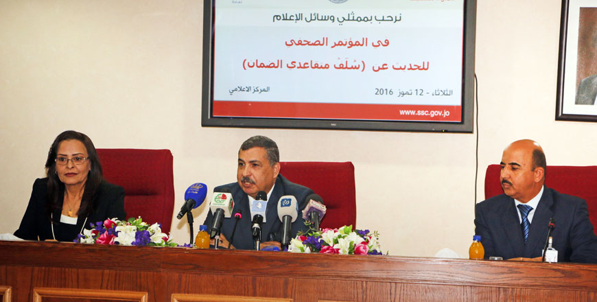 Labour Minister Ali Ghezawi speaks during a meeting with reporters in Amman on Tuesday (Photo courtesy of Social Security Corporation)