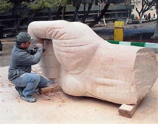 Artist Shafi Seebrani works on a sculpture recently. His work is on display at universities and some major streets in Irbid, Ajloun and Jerash, among other governorates (Photo courtesy of Shafi Seebrani)
