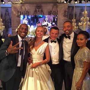 A photo Tyrese Gibson shared on his Facebook page on Friday shows him, Will Smith and Jada Pinkett Smith, with Eyhab Jumean and his wife at their wedding in Amman on Thursday