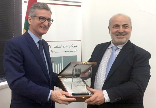 Spanish ambassador Santiago Cabanas Ansorena and the Centre of Strategic Studies’ Director Musa Shteiwi at the University of Jordan on Wednesday  (Photo by Suzanna Goussous)