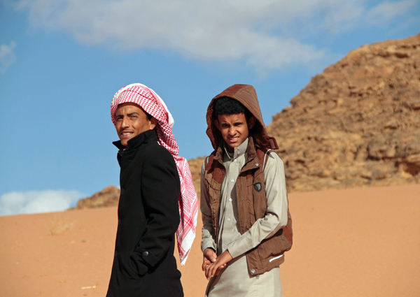Jacir Eid Al Hwietat (right) with his cousin, Hussein Salameh Al Sweilhiyeen, in Wadi Rum, the setting for the film 'Theeb' (AP photo by Raad Adayleh )