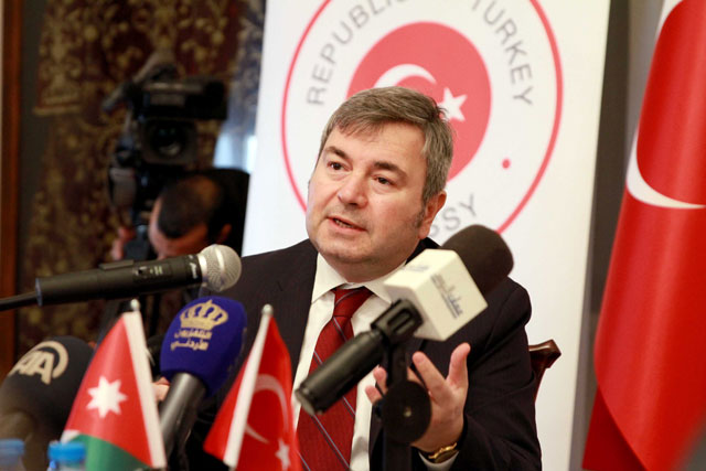 Turkish Ambassador to Jordan Murat Karagoz speaks to reporters in Amman on Wednesday (Photo by Hassan Tamimi)