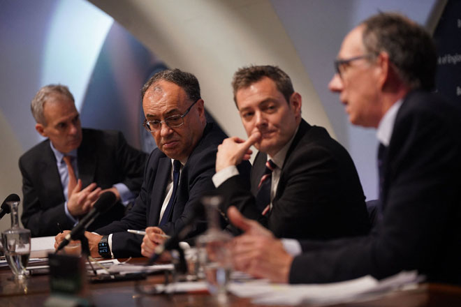 Left to right: Deputy Governor for Monetary Policy Ben Broadbent, Governor of the Bank of England Andrew Bailey, executive Director for Communications James Bell and Deputy Governor for Markets and Banking, Dave Ramsden, address the media on the Monetary Policy Report at the Bank of England, in London, on Thursday (AFP photo)