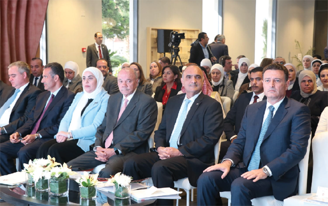 Prime Minister Bisher Khasawneh and guests during the launch of the Engendered Strategy of Jordan’s Economic Modernisation Vision at the Prime Ministry on Sunday (Petra photo)