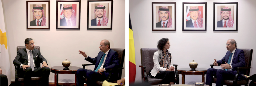 Deputy Prime Minister and Foreign Minister Ayman Safadi discusses with Cypriot Foreign Minister Constantinos Kombos and Belgian Foreign Minister Hadja Lahbib on Monday ways to halt the ongoing war on Gaza (Photos courtesy of the Ministry of Foreign Affairs)