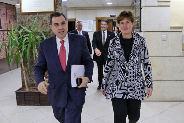 Planning and International Cooperation Minister Imad Fakhoury speaks to Canadian Minister of International Development Marie-Claude Bibeau in Amman on Sunday (Photo courtesy of Ministry of Planning and International Cooperation)