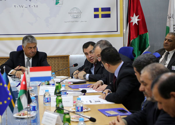 Planning and International Cooperation Minister Imad Fakhoury speaks at a ceremony to launch a 1 million euro twinning project between the EU and the Department of Lands and Survey in Amman on Tuesday (Photo courtesy of Ministry of Planning and International Cooperation)