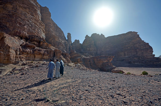 Cast members of ‘Theeb’ walk in one of the locations used to shoot the film in Wadi Rum, some 328km south of Amman   (Photo by Muath Freij)