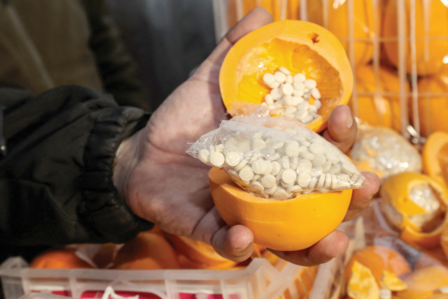 In this file photo taken on December 29, 2021, a man shows fake oranges filled with Captagon (an illegal drug) pills and dissimulated in boxes containing real fruit, after the shipment was intercepted by the customs and the anti-drug brigade at the Beirut Port, in the Lebanese capital (AFP photo)