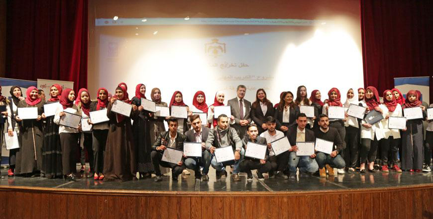 Graduates from the Vocational Training, Employment and Entrepreneurship Programme pose for a group photo in Zarqa  (Photo courtesy of UNDP)