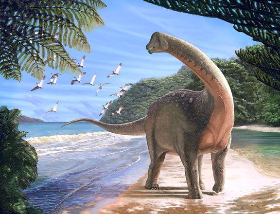 Artist’s life reconstruction of the titanosaurian dinosaur Mansourasaurus shahinae on a coastline in what is now the Western Desert of Egypt approximately 80 million years ago is pictured in this undated handout image (Reuters photo)