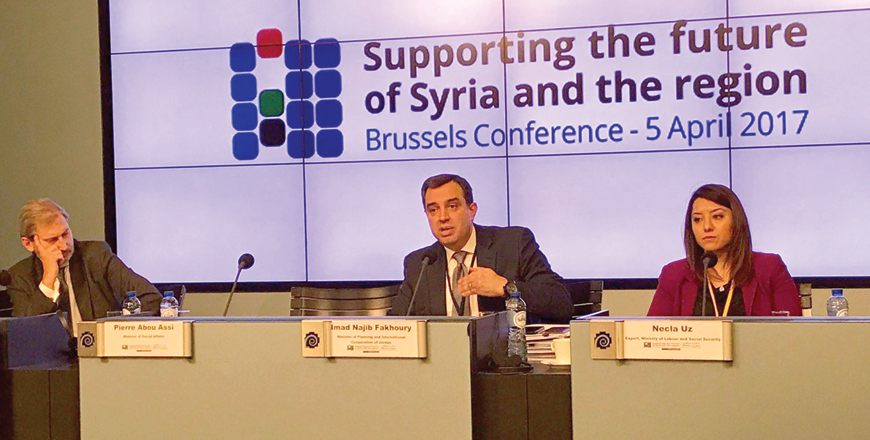 Minister of Planning and International Cooperation Imad Fakhoury speaks during the international conference on Syria in Brussels, on Saturday(Photo courtesy of Ministry of Planning and International Cooperation)