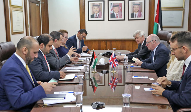 Planning and International Cooperation Minister Imad Fakhoury and Minister of State for International Development and Minister of State for the Middle East at the Foreign and Commonwealth Office Alistair Burt meet in Amman on Monday  (Photo courtesy of Planning Ministry)