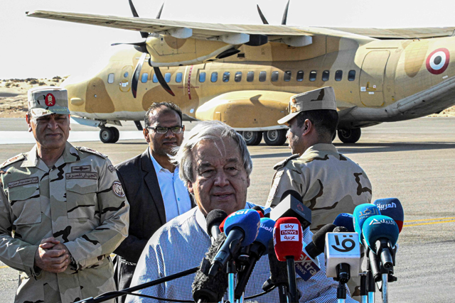 United Nations Secretary-General Antonio Guterres speaks to the media at El-Arish International Airport in Egypt's northeastern province of North Sinai on Saturday (AFP photo)