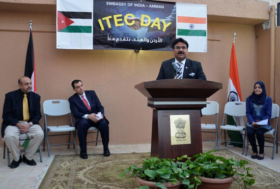 India’s Ambassador to Jordan Anil Trigunayat addresses participants at a ceremony marking ITEC Day in the presence of Planning Minister Imad Fakhoury (Photo courtesy of the Indian embassy in Amman)