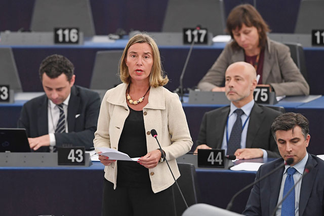EU diplomatic chief Federica Mogherini speaks during a debate on the consequences and the EU’s response to the US president's decision to quit the Iran nuclear deal at the European Parliament on Tuesday in Strasbourg, eastern France (AFP  photo)