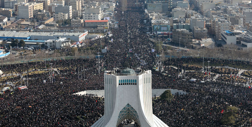This handout photo provided by the office of Iran's Supreme leader Ayatollah Ali Khamenei on Monday shows Iranian mourners taking part in a funeral procession in Tehran for slain Iranian general Qassem Soleimani (AFP photo)