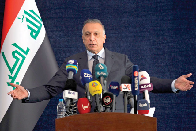 Iraqi Prime Minister Mustafa Al Kadhemi speaks during a press conference in Basra on Wednesday, during his first visit to the province (AFP photo)