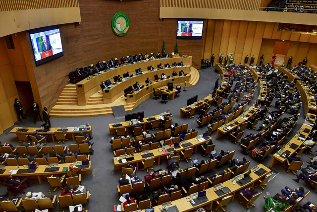 United Nations Secretary General Antonio Guterres addresses presidents and delegates via a telecast at the African Union (AU) headquarters during the 35th Ordinary Session of the AU summit in Addis Ababa, on Saturday (AFP photo)