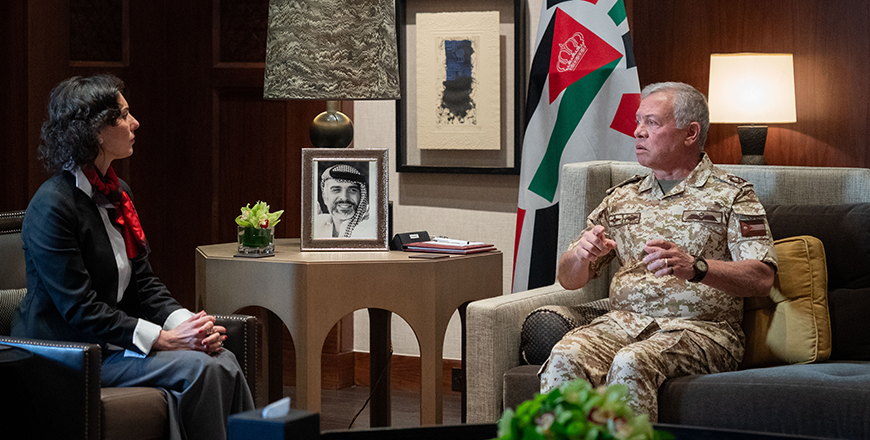His Majesty King Abdullah receives European Commissioner for Equality, Preparedness and Crisis Management Hadja Lahbibat Al Husseiniya Palace, and stresses the strong Jordan-EU partnership and keenness to expand cooperation in various fields (Photo courtesy of Royal Court)