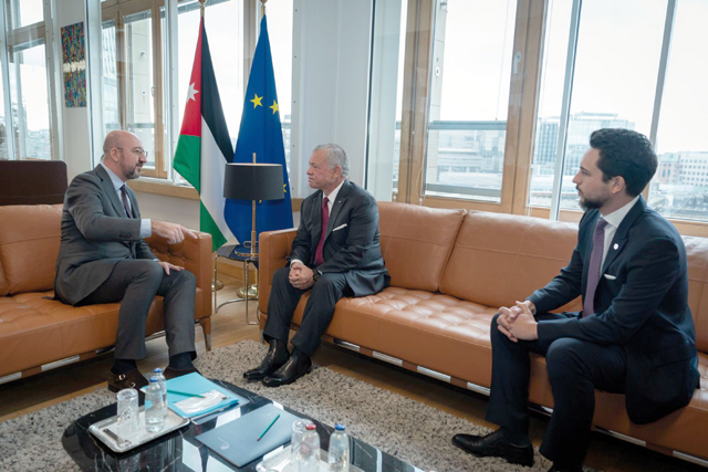 His Majesty King Abdullah on Tuesday discusses with European Council President Charles Michel the war on the Gaza Strip during a meeting in Brussels, attended by HRH Crown Prince Hussein (Photo courtesy of Royal Court)