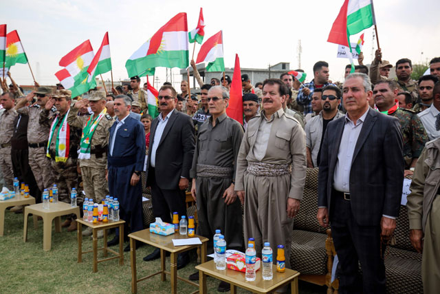 Kirkuk's provincial governor Najim Al Din Karim (3rd-right), who was sacked by the Iraqi parliament the previous week, attends a rally in support of the upcoming independence referendum in Kirkuk on Tuesday (AFP photo)