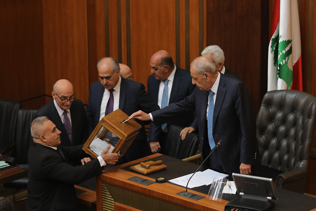 Lebanese Parliament Speaker Nabih Berri casts his vote during a session to elect a new president in Beirut on Thursday (AFP photo)