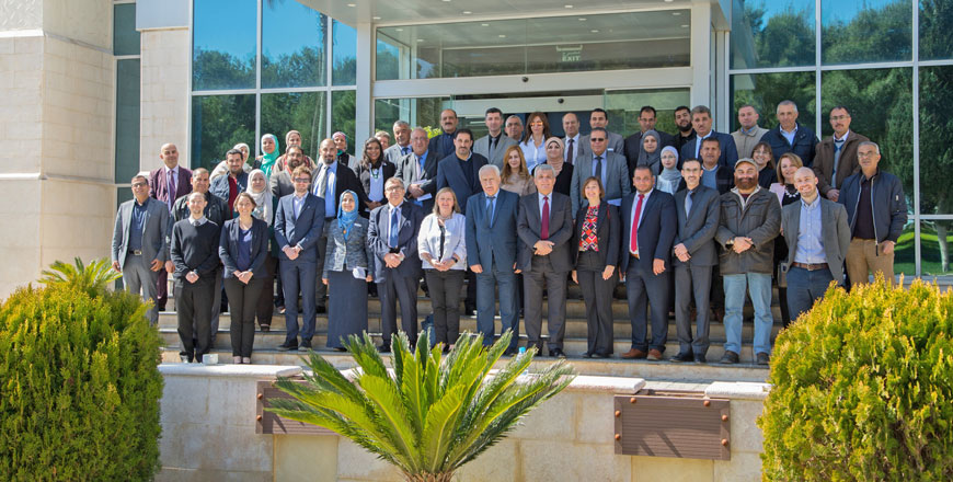British and Jordanian scientists and researchers pose for a group photo in front of the Royal Scientific Society on Wednesday  (Photo courtesy of Newton-Khalidi Fund)