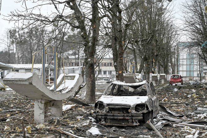 The view of military facility which was destroyed by recent shelling in the city of Brovary outside Kyiv on Tuesday (AFP photo)