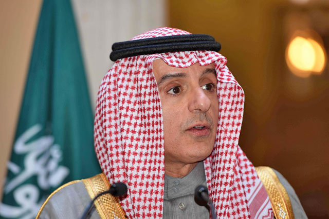 Saudi Foreign Minister Adel Al Jubeir speaks during a joint press conference with his Spanish counterpart in Madrid during an official visit to Spain on Friday (AFP photo)