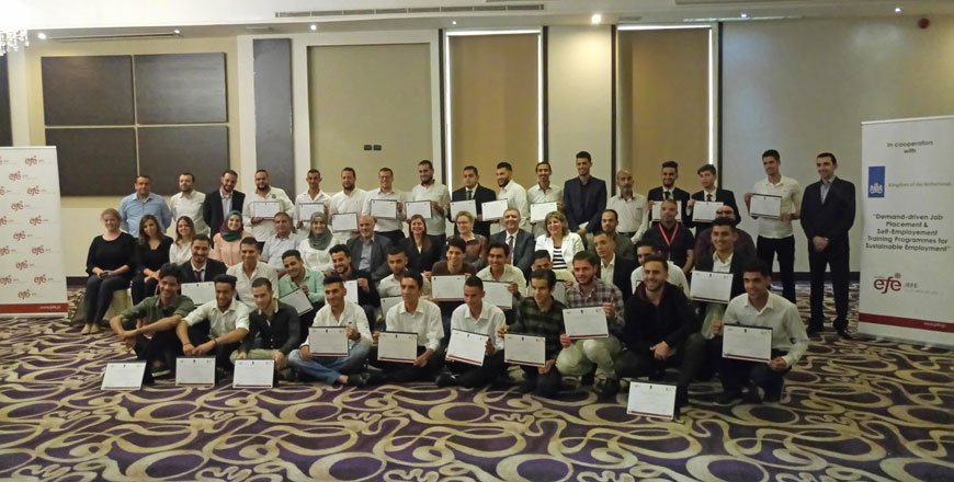Graduates pose with Dutch ambassador and JEFE CEO in Amman on Wednesday (Photo by Ana V. Ibañez Prieto)