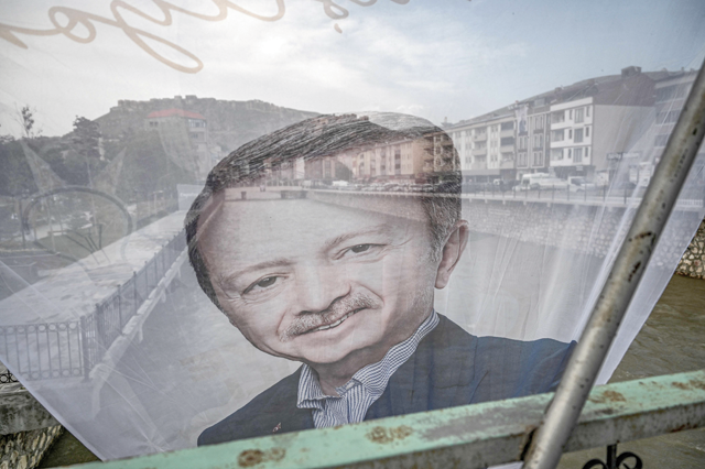 A flag of Turkish President Recep Tayyip Erdogan wawes on a bridge above Coruh river at Bayburt city centre, northeastern Turkey, on May 23 (File photo)